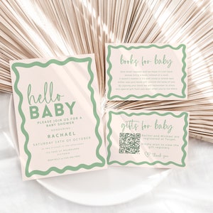 Invitación ondulada para baby shower, libros para bebé, lista de regalos, plantilla editable, imprimible, neutral en género, verde salvia. DESCARGAR BB36
