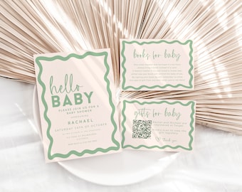 Wavy Baby Shower Invitation Bundle, Books for Baby, Gift Registry, Editable Template, Gender Neutral Printable Sage Green DOWNLOAD BB36