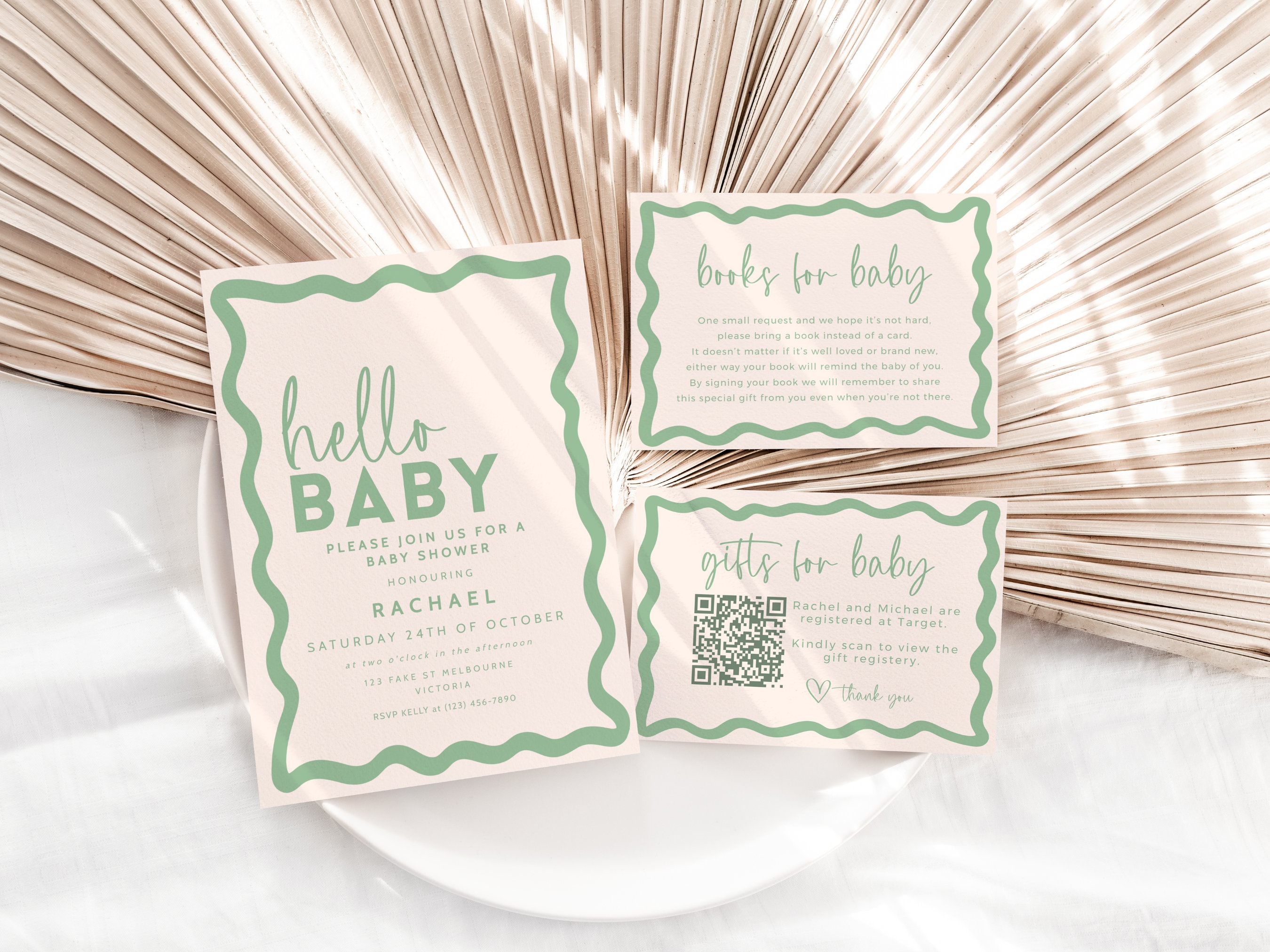 Wavy Baby Shower Invitation Bundle, Books for Baby, Gift Registry, Editable Template, Gender Neutral Printable Sage Green DOWNLOAD BB36