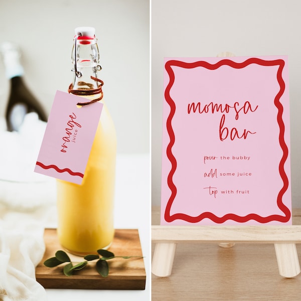Momosa Wavy Retro Border Sign, Mumosa Template Editable DIY Pink Red Baby Shower Decor, Mimosa Juice tags INSTANT DOWNLOAD Printable BB06