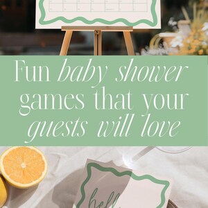 The image is a collage of two photos. The top photo shows a white sign with a green border displaying a baby shower schedule, and the bottom photo shows a white card with a green border featuring a baby shower invitation.