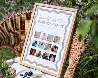 How Old Were they Guess Parents Age Photo Baby Shower Game Gender Neutral Sage Green Wavy Border Template Editable Printable DOWNLOAD BB66