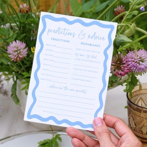 Predictions and Advice Baby Shower Games Boho Blue Beige Wavy Border Template Editable Baby Shower DIY Wave Printable Canva Download BB76