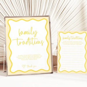Placa de chá de bebê Family Traditions, onda amarelo-limão, cartões de memória editáveis, compartilhe uma memória, gênero neutro, download instantâneo para impressão BB57