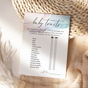 Carte aquarelle entre les sexes révèlent les traits de caractère de bébé, jeu de baby shower, activité de prédictions de bébé, modèle imprimable modifiable minimal à télécharger BB02