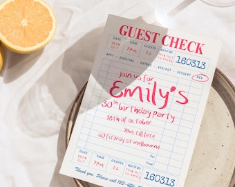 Guest Check Birthday Invitation Canva Template Editable Restaurant Receipt Invite Printable Dinner Party Retro Birthday Party Invitation
