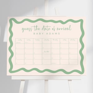 Guess aankomst vervaldatum spel babyshower kalender verjaardag genderneutraal salie groene golvende rand sjabloon canva bewerkbaar DOWNLOAD BB36