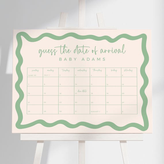 Guess Arrival Due Date Game Baby Shower Calendar Birthday Gender Neutral Sage Green Wavy Border Template Canva Editable DOWNLOAD BB36