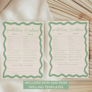 Tweeling genderneutrale voorspellingen en advies babyshower spelletjes, retro salie groene golvende rand sjabloon bewerkbare DIY strooi afdrukbare BB36