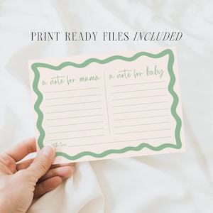 A hand holding a card with a note for mama and a note for baby, with the text "PRINT READY FILES INCLUDED" above the card.
