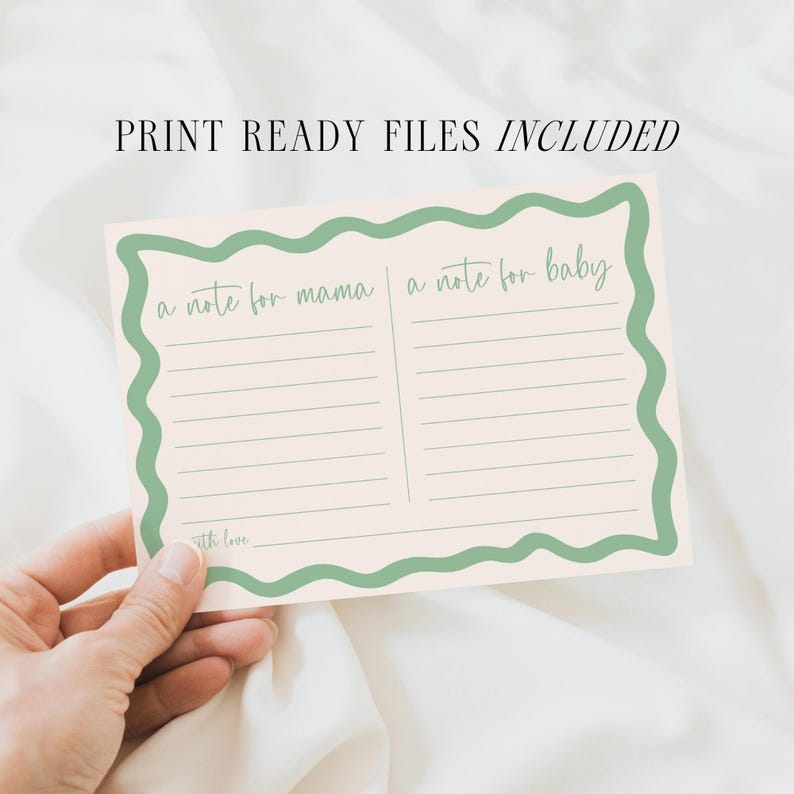 A hand holding a card with a note for mama and a note for baby, with the text "PRINT READY FILES INCLUDED" above the card.