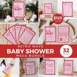 Pacchetto Mega Baby Shower Retro Wave, giochi di inviti e cartelli di benvenuto, previsioni, consigli, libri di pannolini per bambini, modello stampabile modificabile BB06