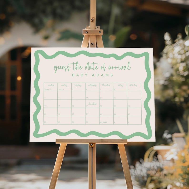 a guessing game board for the date of arrival of a baby named Adams.