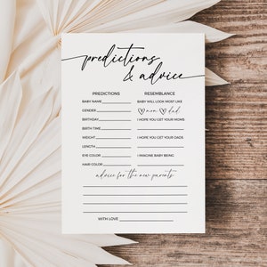 Prédictions minimalistes sans distinction de sexe et conseils, jeux de baby shower, voeux pour les parents et bébé, modèle modifiable imprimable en téléchargement BB03
