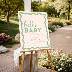 Baby Shower Welcome Sign Sage Green Theme Canva Editable Poster Template Hand Drawn Baby Decoration Gender Neutral Printable BB36