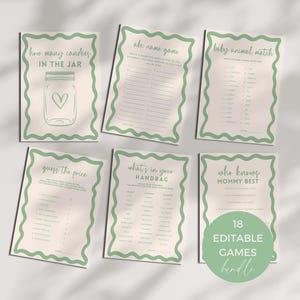 Leukste babyshowerspellen 18 bundel, bewerkbare genderneutrale golvende retrorand, wensenadvies bingo trivia hobbel afdrukbare sjabloon BB36