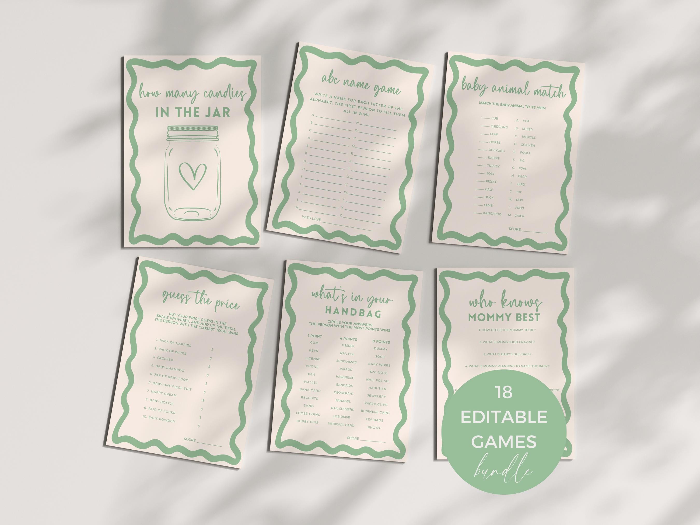 Most Fun Baby Shower Games 18 Bundle, Editable Gender Neutral Wavy Retro Border, Wishes Advice Bingo Trivia Bump Printable Template BB36