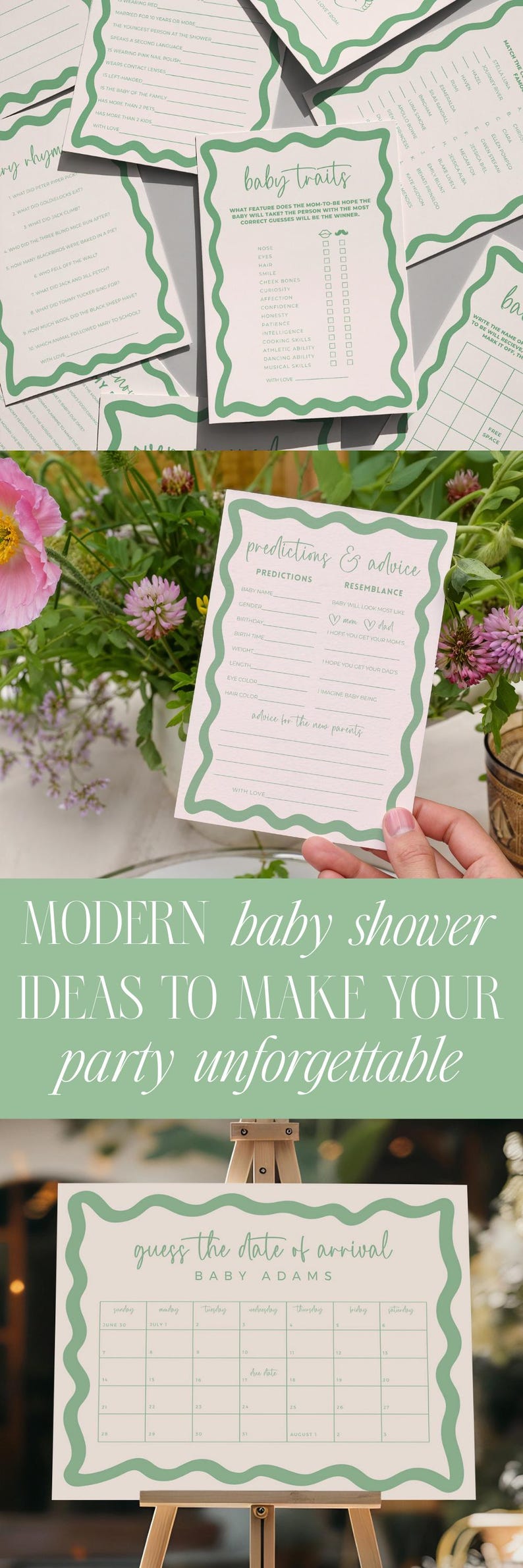 The image is a collage of three photos featuring various baby shower ideas and a guessing game. The photos include a hand holding a baby shower invitation, a baby shower game board, and a baby shower guest list. The collage showcases different ways to make a baby shower party unforgettable.