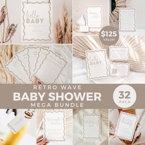 Mega paquete de baby shower de género neutro, juegos de letreros de bienvenida bohemios en beige con ondas retro, plantilla editable de libros de pañales con consejos y predicciones BB66