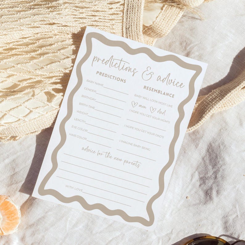 Baby shower prediction card gender neutral baby shower game advice for parent boho wave editable template prediction and advice for parents displayed on a ceramic plate over soft fabric with slices of citrus and a glass casting shadows minimalist neutral style printable keepsake activity for guests to fill with baby name birthday and wishes for new parents
