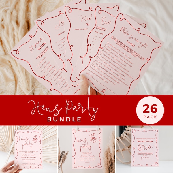 Wave Hens Party Bundle, Bachelorette Hens Party Bride to Be, Games Welcome Sign Invitation, Hand Drawn Wavy Modern, Template Printable HP03