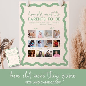 Wie alt waren sie? Raten Sie Eltern Alter Foto-Baby-Dusche-Spiel, Gender Neutral Sage Grün Wavy Border Vorlage Bearbeitbare Printable DOWNLOAD BB36