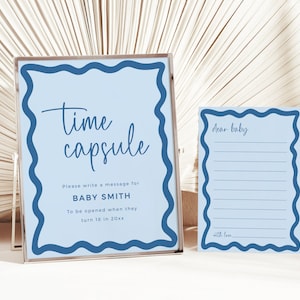 Cartello e biglietti con capsula del tempo, modello con bordo ondulato, modello modificabile per baby shower blu polvere, DOWNLOAD IMMEDIATO stampabile BB26