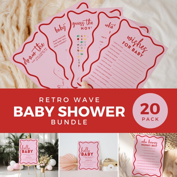 Most Fun Baby Shower Games, Retro Thin Wavy Baby Shower Bundle, Invitation Welcome Sign, Editable Template, Printable INSTANT DOWNLOAD BB06