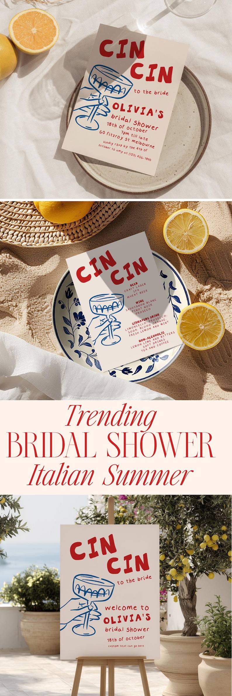 May include: A bridal shower invitation with the words "CIN CIN" in red, a blue cocktail illustration, and event details. The invitation is on a plate with lemons and a white cloth.