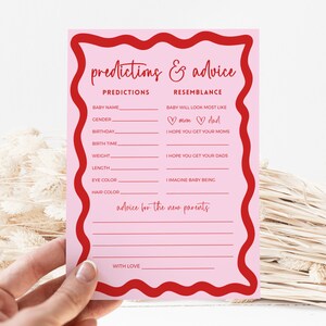 Advies en voorspellingen Babyshower spelletjes, sjabloon retro roze golvende rand bewerkbare DIY babyshower decor afdrukbare INSTANT DOWNLOAD BB06