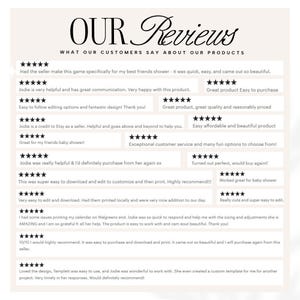 May include: A white background with the words "OUR Reviews" in a decorative font. Below, customer reviews are displayed with star ratings, praising the product's ease of use, design, and customer service. The reviews are positive and highlight the seller's helpfulness.