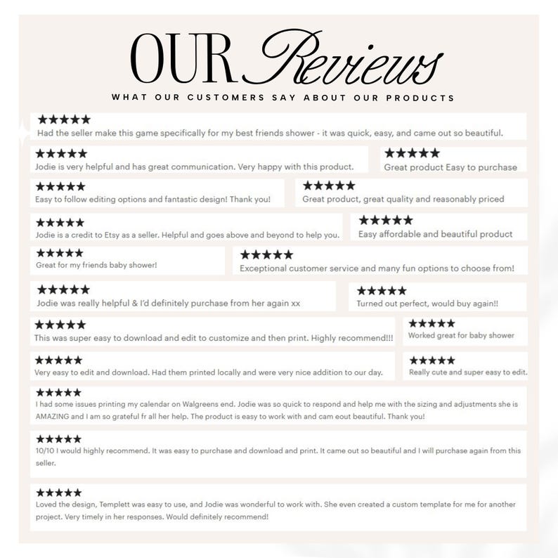 May include: A white background with the words "OUR Reviews" in a decorative font. Below, customer reviews are displayed with star ratings, praising the product's ease of use, design, and customer service. The reviews are positive and highlight the seller's helpfulness.