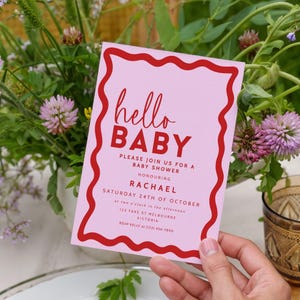 Pink Baby Shower Invitation Canva Template Girl Baby Shower Editable Invite Baby Sprinkle Pink Red Theme Decoration Printable BB06