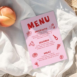 Menú de cena de verano italiano, menú de cumpleaños editable a mano, menú de despedida de soltera, menú temático estilo La Dolce Vita, menú de boda imprimible BS1