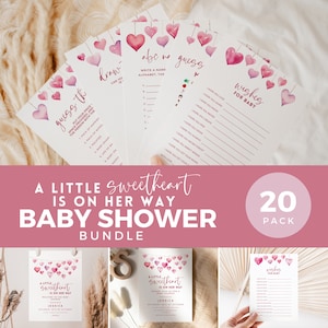 A Little Sweetheart Baby Shower-bundel, uitnodiging welkomstbordspellen, bewerkbare sjabloon Pink Hearts Girl, Valentijnsdag afdrukbare BB08