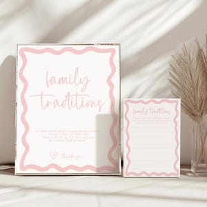 Znak na Baby Shower z tradycjami rodzinnymi, Boho Pink Wave, Edytowalne karty pamięci, Udostępnij grę pamięciową, Natychmiastowe pobieranie do druku BB86