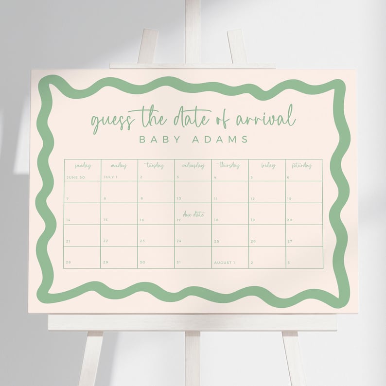 The image is a calendar for the arrival of a baby named Baby Adams.
