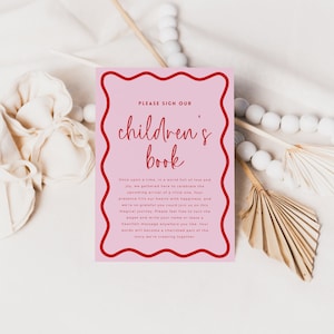 Panneau de livre pour enfants, modèle de bordure rétro ondulée de livre d'or, décoration de shower de bébé fille rouge rose et rose modifiable, garçon saupoudrer imprimable BB06