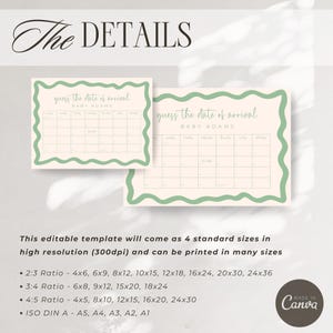 a template for a guessing game about the date of arrival for Baby Adams. The template is designed to be printed in 4 standard sizes, including a 3:4 ratio, a 3:3 ratio, and an ISO DIN A, A, A4, A3, A1. The template is described as editable and can be printed in various sizes.
