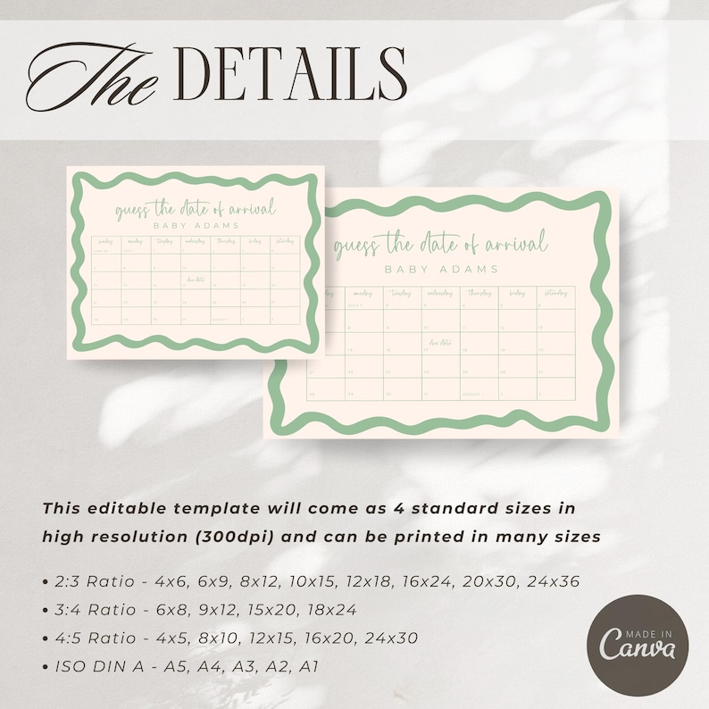 a template for a guessing game about the date of arrival for Baby Adams. The template is designed to be printed in 4 standard sizes, including a 3:4 ratio, a 3:3 ratio, and an ISO DIN A, A, A4, A3, A1. The template is described as editable and can be printed in various sizes.