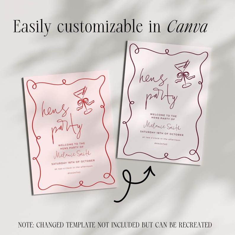 two invitation cards with a red and white color scheme, featuring cursive text and decorative elements. The text on the cards reads "Welcome to the Hens Party" and "Welcome to the Hens Party" with a red ribbon design. The cards are placed side by side, and there is a note at the bottom indicating that the template is not included but can be recreated.