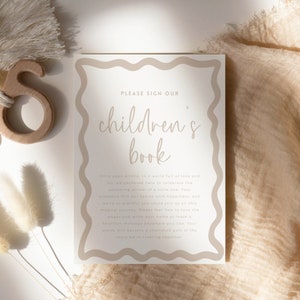 Panneau de livre pour enfants beige s'il vous plaît signer, modèle de bordure rétro ondulée modifiable, décoration DIY baby shower, neutre sexiste imprimable BB66