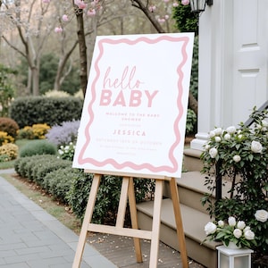 Szablon powitalny na baby shower w stylu boho, różowo-beżowy, edytowalny, do pobrania w formacie cyfrowym, BB86