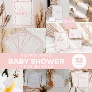 Boho roze babyshower megabundel, meisje strooi retro golf beige welkomstbord spelletjes, voorspelling advies luier boeken sjabloon bewerkbare BB86