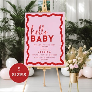 Cartello di benvenuto per baby shower con bordo ondulato retrò, modello modificabile rosa e rosso moderno, decorazione fai da te Hello Baby stampabile DOWNLOAD IMMEDIATO 5 misure BB06