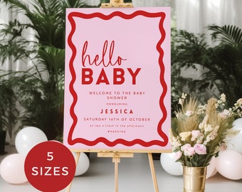 Retro Wavy Border Baby Shower Welcome Sign, Pink Red Editable Template Modern, Hello Baby DIY Decor Printable INSTANT DOWNLOAD 5 sizes BB06