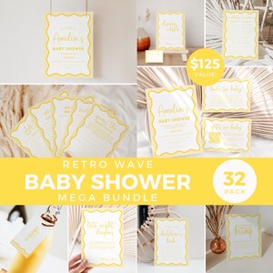 Mega paquete de baby shower de color amarillo limón, diseño retro de onda neutra en cuanto al género, juegos de letreros de bienvenida, plantilla de libro de pañales con consejos y predicciones editable BB57