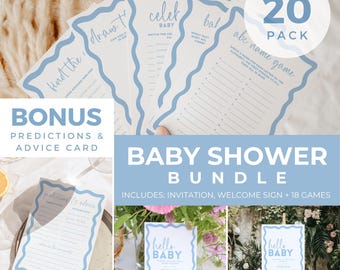 Pastel Blue Baby Shower Bundle Editable Invite Baby Sprinkle Welcome Sign Template Canva Printable Games Pack Predictions for Baby Card BB76