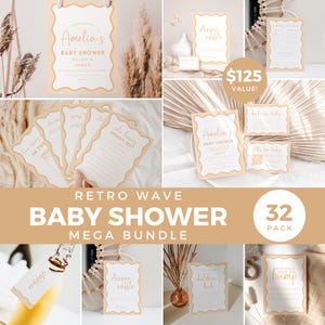 Mega paquete de baby shower bohemio amarillo, diseño retro de onda de género neutro, juegos de letreros de bienvenida, plantilla de libro de pañales con consejos y predicciones editable BB56