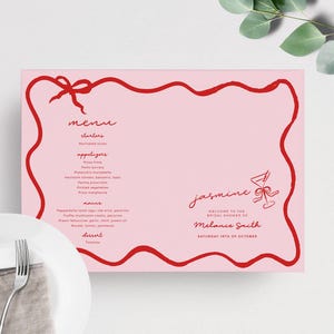 Modèle de menu de set de table noeud ondulé rose rouge, baby shower poules nuptiales de douche, bordure vague, personnaliser napperon modifiable imprimable BS03